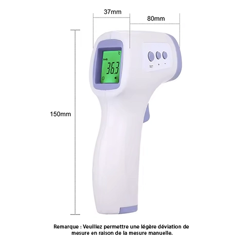 Thermomètre Frontal SANTÉ CURA© : La Précision Sans Contact pour Votre Foyer 3 Vue latérale d'un thermomètre frontal infrarouge numérique blanc et violet avec les dimensions clés indiquées : longueur totale de 150mm, largeur de l'écran de 37mm, et longueur de la tête de 80mm. L'écran affiche une température de 36.3°C.