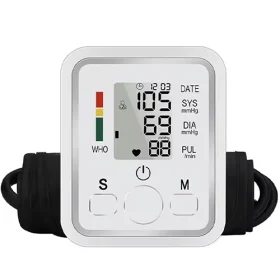 Sante Cura - Accueil 7 Tensiomètre électronique avec écran digital affichant les mesures de tension artérielle (SYS 105, DIA 68, PUL 88), boutons de commande et brassard intégré.