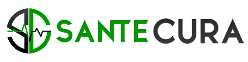 Sante Cura - Accueil 11 Logo de Santé Cura avec les lettres SC stylisées en cercle, une ligne d’électrocardiogramme intégrée, et le nom "SANTE CURA" en vert et noir symbolisant la santé et la fiabilité.