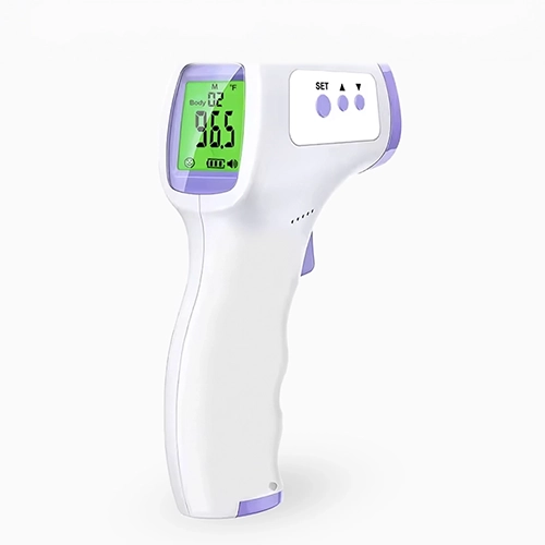 Thermomètre Frontal SANTÉ CURA© : La Précision Sans Contact pour Votre Foyer 1 Thermomètre frontal infrarouge numérique blanc et violet affichant 36.5°C | Thermomètre médical électronique sans contact pour une prise de température rapide et fiable à domicile